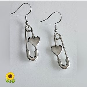 SILVER Heart safety pin earrings 925S Post High Quality Tibeten Charm ER